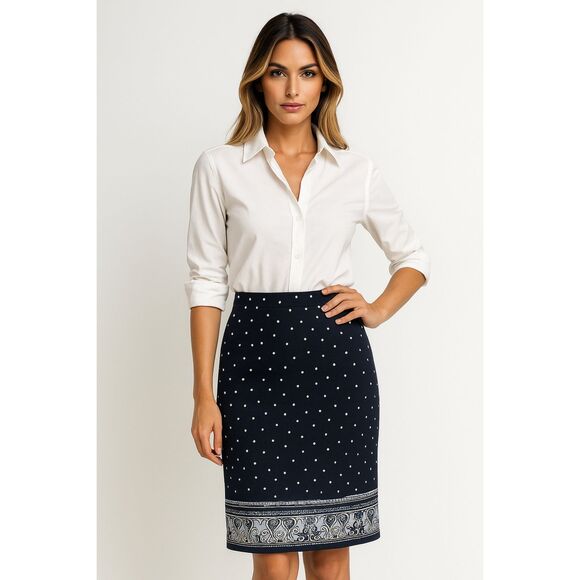 LOFT BLUE POLKA DOT PRINT STRAIGHT CLASSIC CASUAL CAREER COTTON SKIRT SZE: 8 NEW - Picture 1 of 5